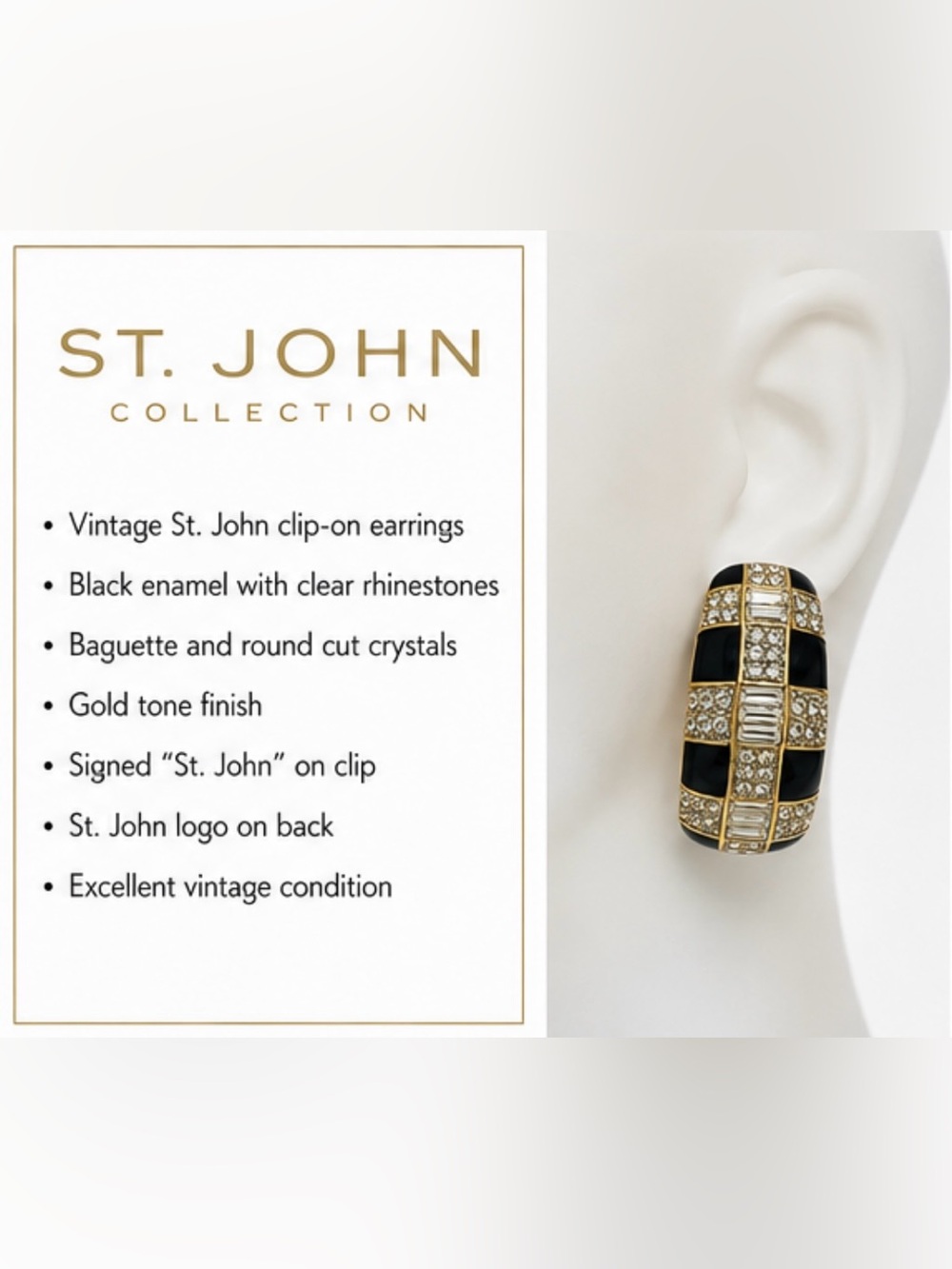 Vintage St. John Black Enamel Crystal Clip-On Earrings Gold Tone Designer - Picture 2 of 3